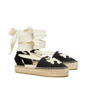 Tory Burch Woven Double-T Lace-Up Espadrille Flats Black Natural Size 8.5 NWOT